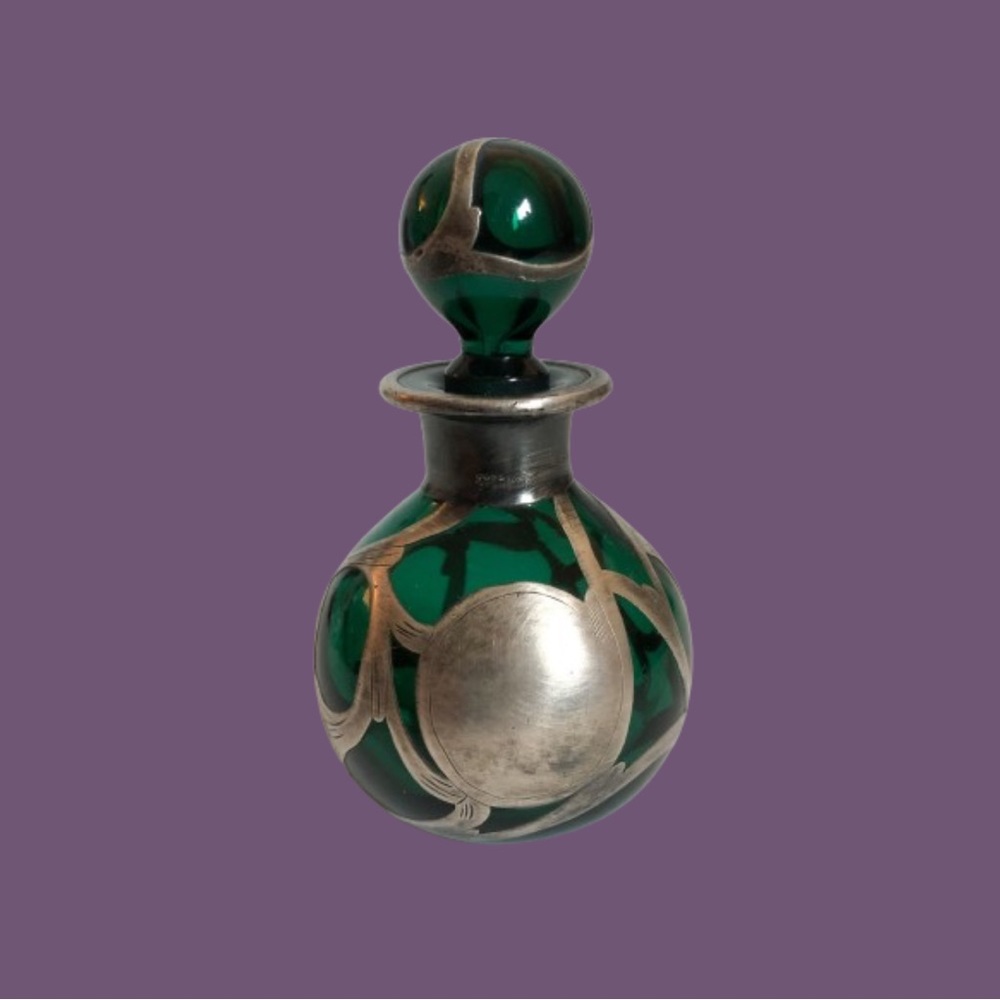 Antique vtg emerald green glass perfume bottle w/ marked sterling silver overlay
